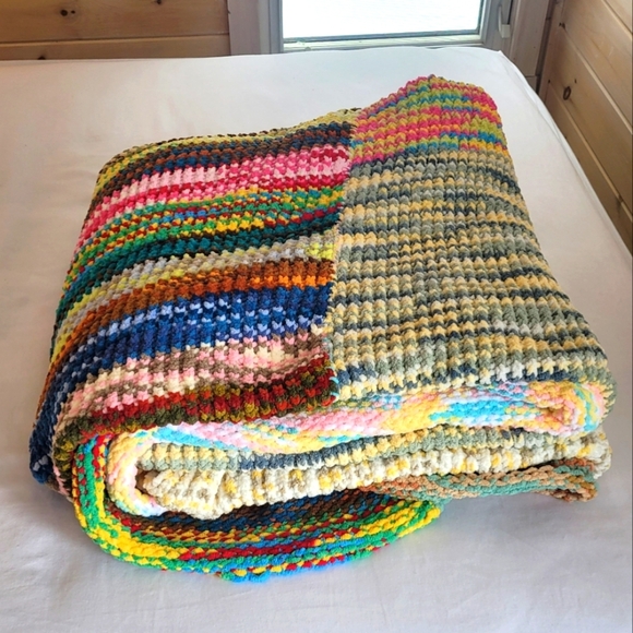 SOLD - VINTAGE Handmade Chenille Knit XL Blanket, Weighted Blanket, Patchwork - Picture 2 of 16
